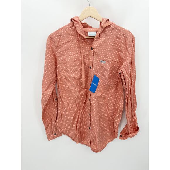 Columbia Shirt Women MEDIUM NWT Orange Pink Printed Anytime Stretch Hooded - Picture 1 of 6